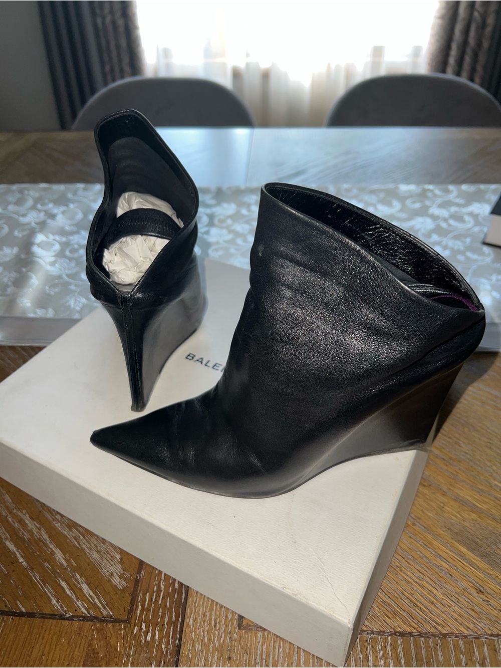 Balenciaga Black Pointed Leather Wedge Booties